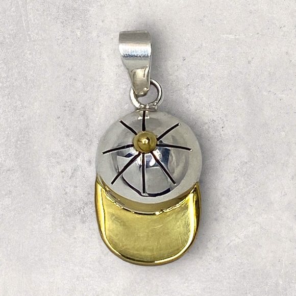 925 Mexico 2Tone Sterling Silver Baseball Softball Sports Cap Hat MEDIUM Pendant - Picture 1 of 5